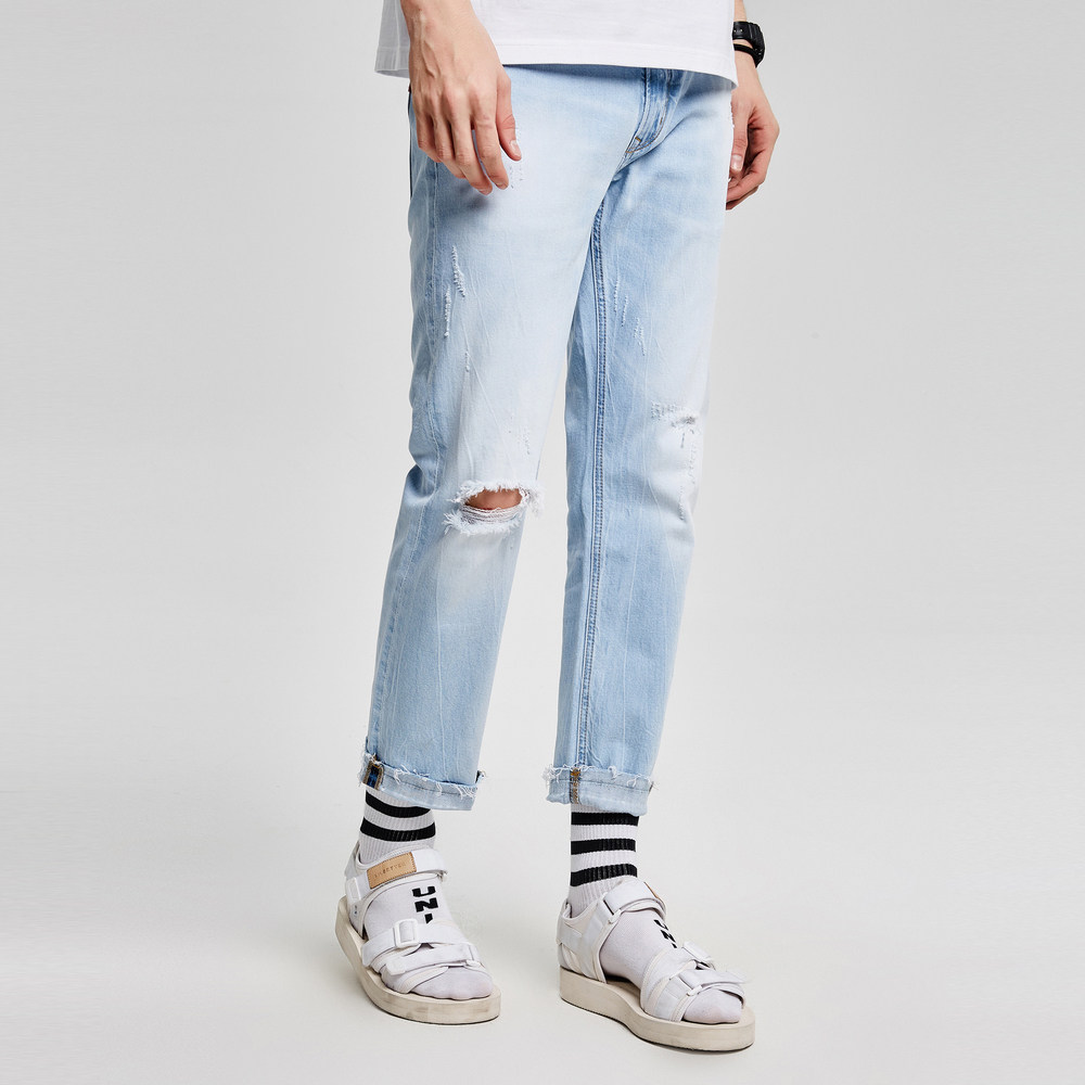 马克华菲2018夏季男撞色破洞牛仔裤 马克华菲outlets店牛仔裤