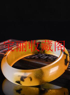 精选黄龙玉手镯宽版玉石镯子鸡油黄黑水草花飘黄玉镯手镯女款首饰