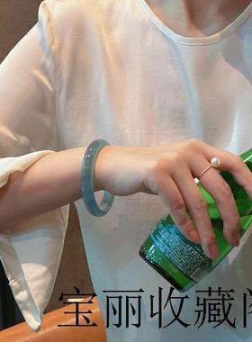 新中式纯天然高冰透库里蓝玛瑙色手镯显白胖圆条玉镯子女款百搭款