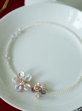 天然淡水珍珠花朵法式锁骨项链