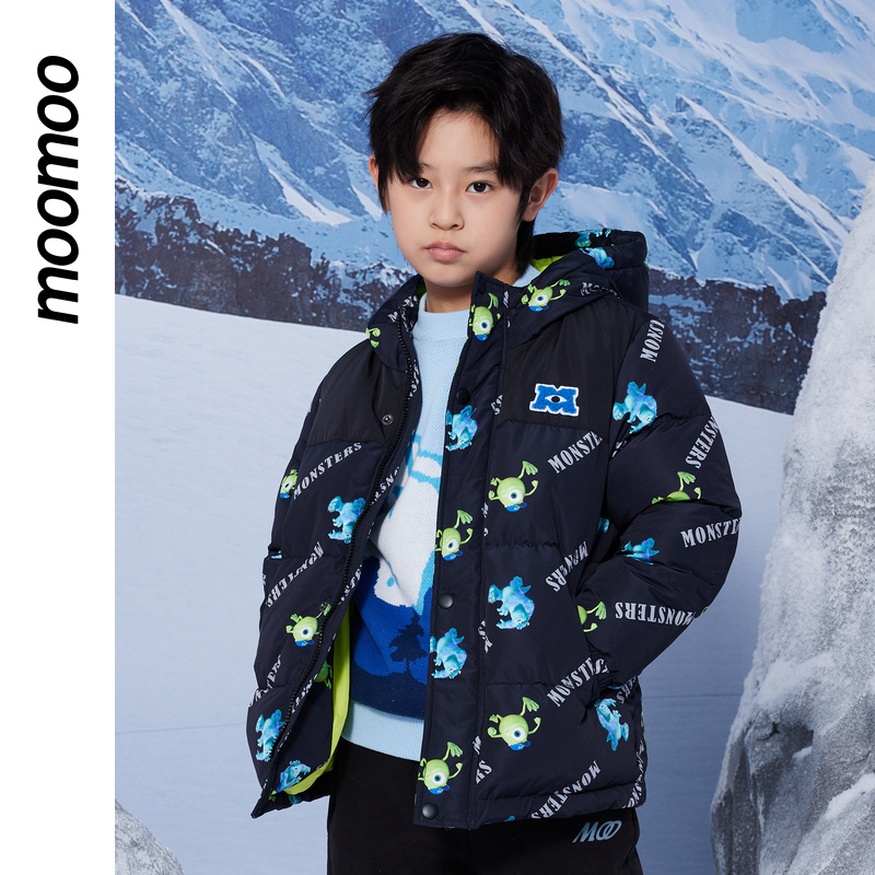 moomoo童装拼接羽绒服男童秋冬新款怪兽大学连帽撞色宽松羽绒服