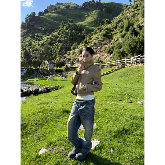 F383 美式复古拼接翻领斜边拉链修身显瘦百搭皮革夹克短外套女ins