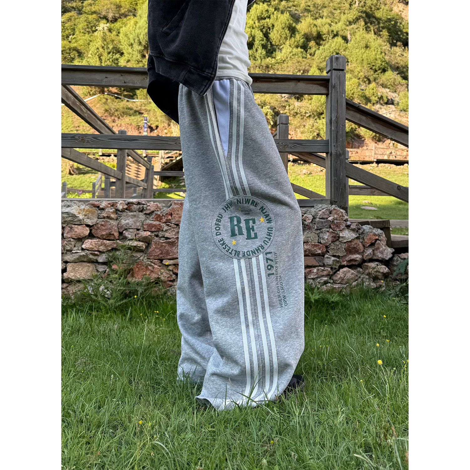 F383 美式复古双腰头抽绳字母印花卫裤宽松直筒阔腿休闲长裤男女,淘宝优惠券,粉丝福利购,淘宝优惠卷