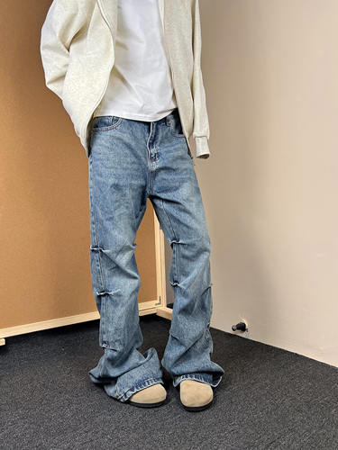 F383 2024美式复古褶皱牛仔裤男女宽松百搭微喇cleanfit长裤情侣-图3