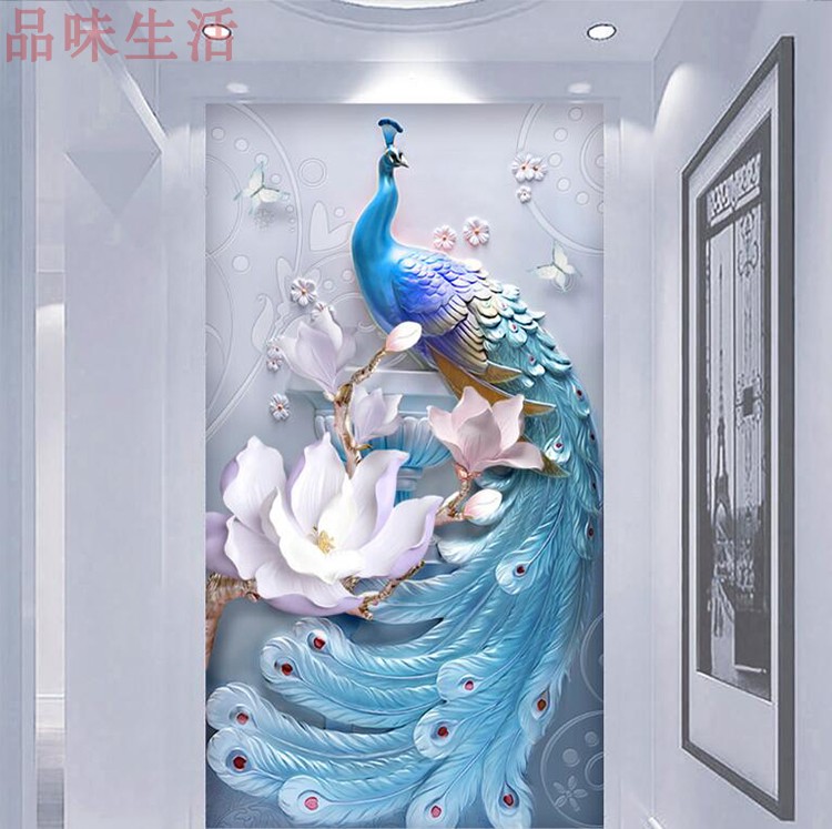 3d立体浮雕孔雀墙纸壁画玄关壁纸客厅电视背景墙壁画餐厅过道走廊