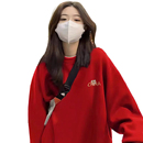 one more加绒卫衣女冬季新款红色圆领S码