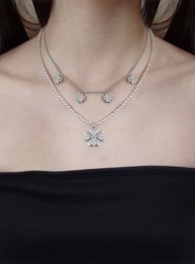 双层珍珠链条四叶草吊坠锁骨项链