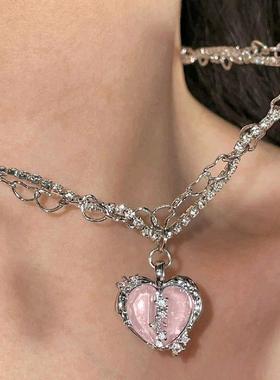 Ins Peach heart necklace women 桃心项链分裂爱心微镶锆石项链