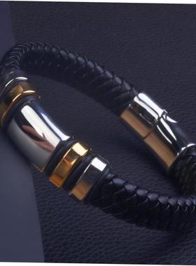 Classic Black Leather Wrap Bracelet for Men Metal Magnetic C