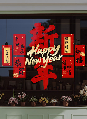 新年装饰玻璃门贴纸2027新年快乐元旦福字窗花超市布置静电贴4313