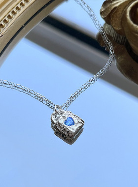LTBB s925纯银蓝色爱心锆石锁头项链女ins冷淡风不规则纹理小锁