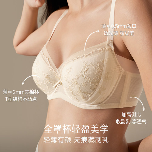 曼妮芬舒适刺绣调整型文胸蕾丝内衣夏薄款大胸显小软钢圈胸罩大杯 - 图0