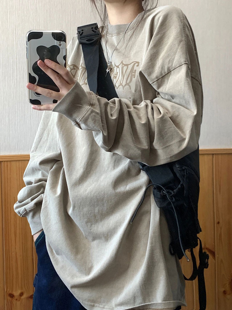 美式复古街头hiphop潮牌长袖t恤女春秋季oversize宽松纯棉上衣服