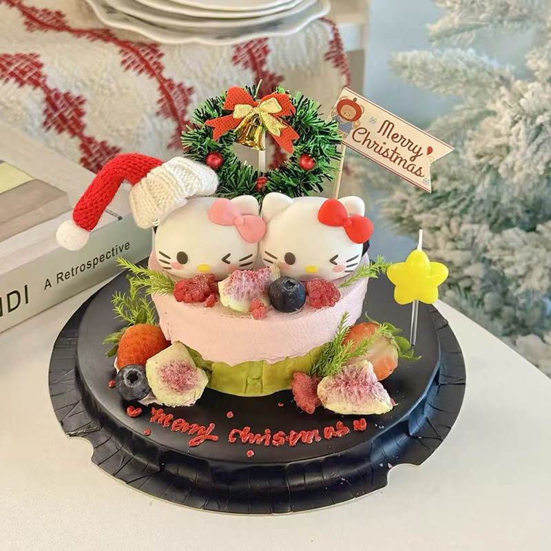 2025网红圣诞节可爱蝴蝶结KT猫斯巴克蛋糕装饰摆件圣诞毛球帽装扮,淘宝优惠券,粉丝福利购,淘宝优惠卷