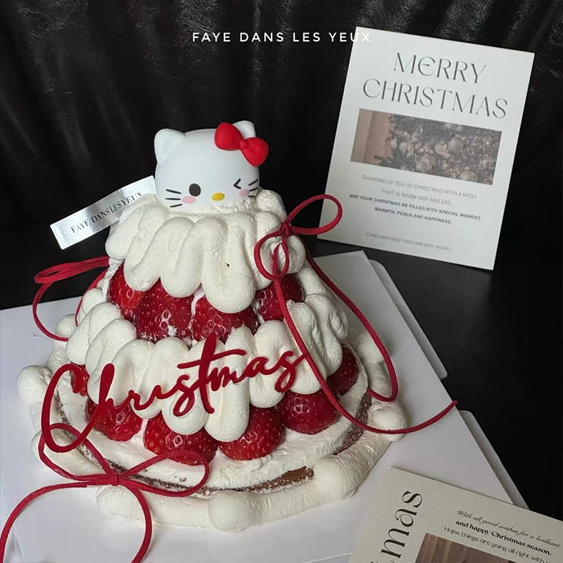 网红同款圣诞节快乐亚克力蝴蝶结KT猫许愿树装扮摆件红色丝带装扮 - 图2