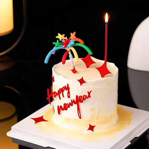 2026软胶多彩礼花火花蛋糕装饰插件英文新年快乐亚克力装扮配件 - 图0