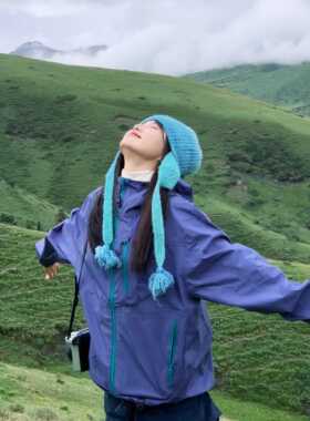 川西旅游护耳毛线帽蓝色渐变色