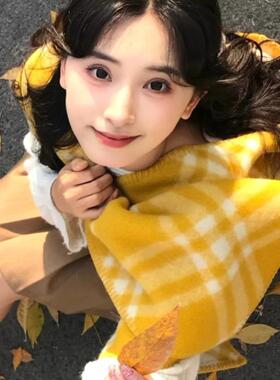 拍照出片氛围感黄色格纹围巾韩系