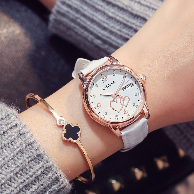 网红双日历星期皮带女学生爱心女表 劳利卡手表国产腕表