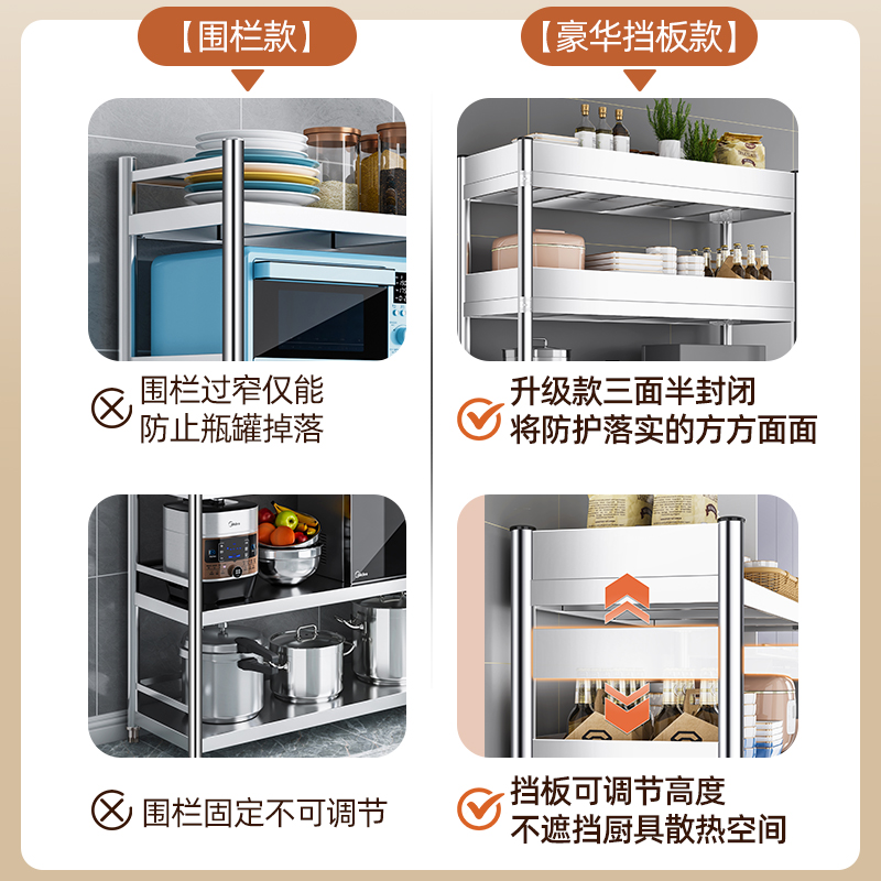 厨房不锈钢置物架微波炉收纳架落地多层货架围栏款家用橱柜锅架子