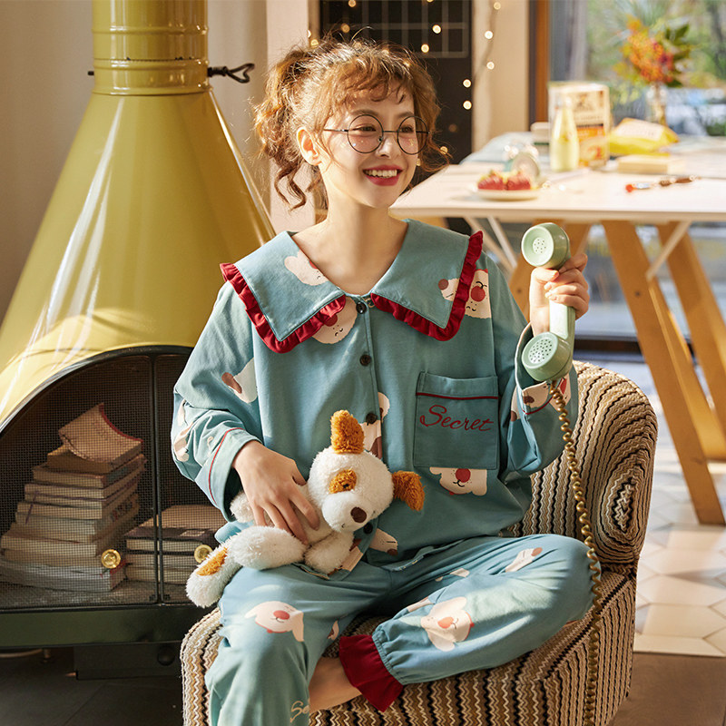 秋季纯棉长袖春秋冬宽松甜美睡衣 千茵语睡衣/家居服套装