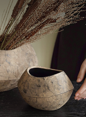 侘寂风做旧镁泥花盆摆件水培花瓶