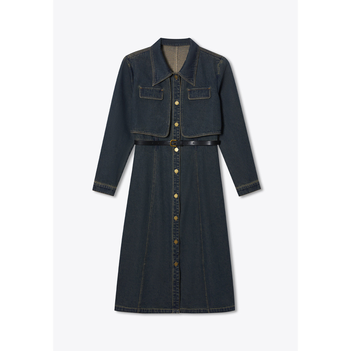 诗篇专选翻领高腰假两件复古水洗牛仔衬衫裙连衣裙春款