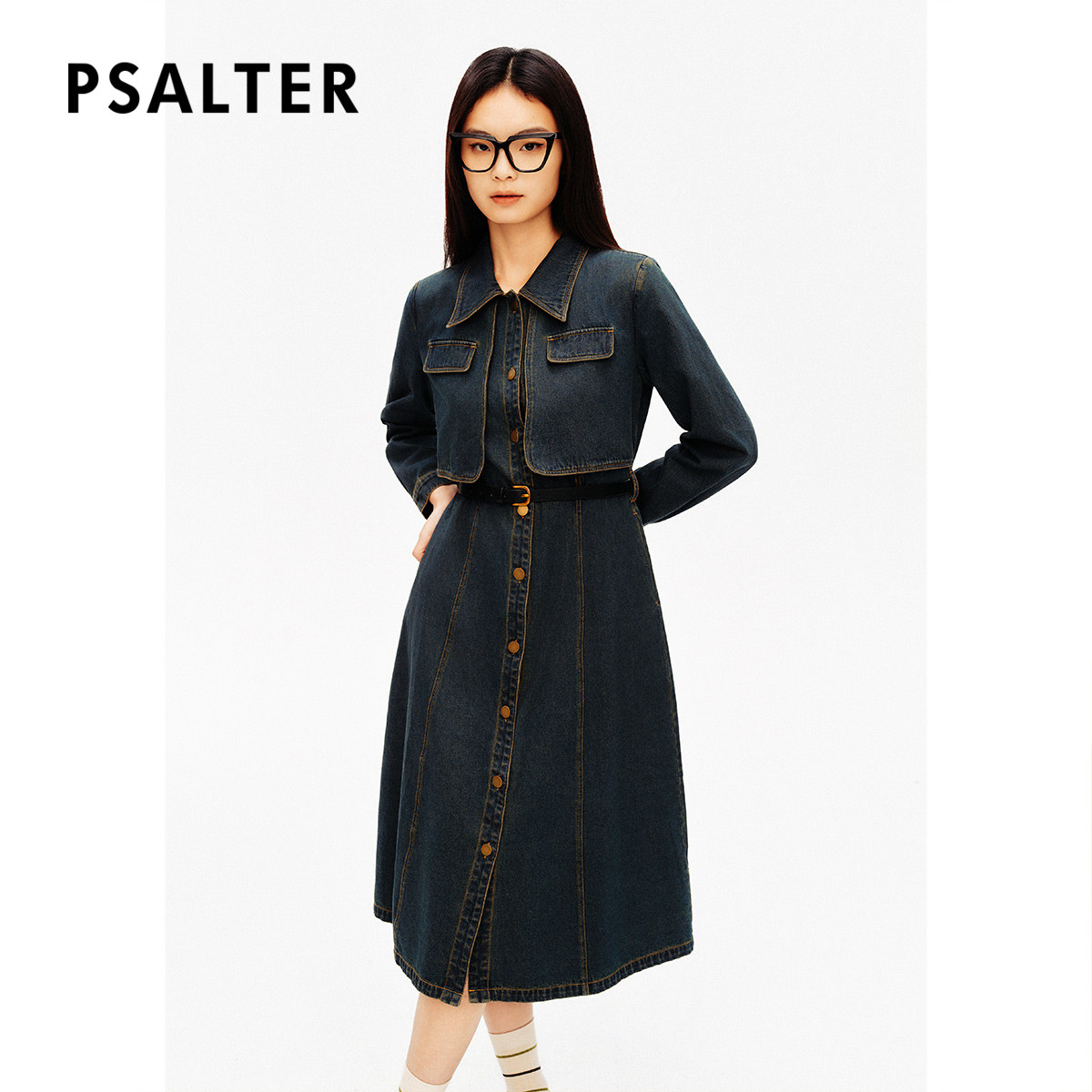 诗篇专选翻领高腰假两件复古水洗牛仔衬衫裙连衣裙春款