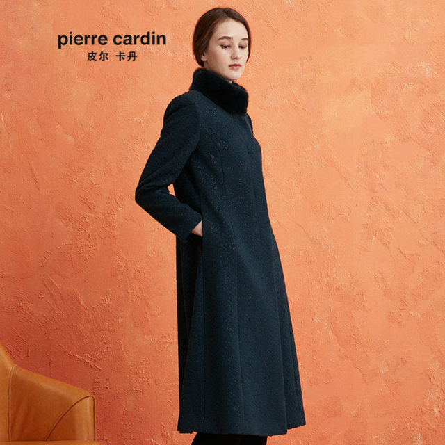 商场同款皮尔卡丹女装墨绿色毛呢长款外套女2025新款P0407CL19G0