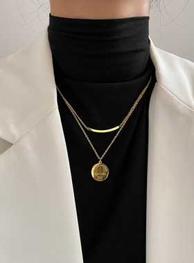 正义女神高淑桦陈炜同款钛钢不掉色字母圆牌双层项链锁骨链毛衣链