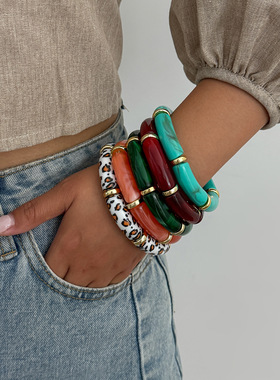 HI6迪丽热巴同款手饰复古豹纹串珠弹力手链亚克力晕染纹理手环女