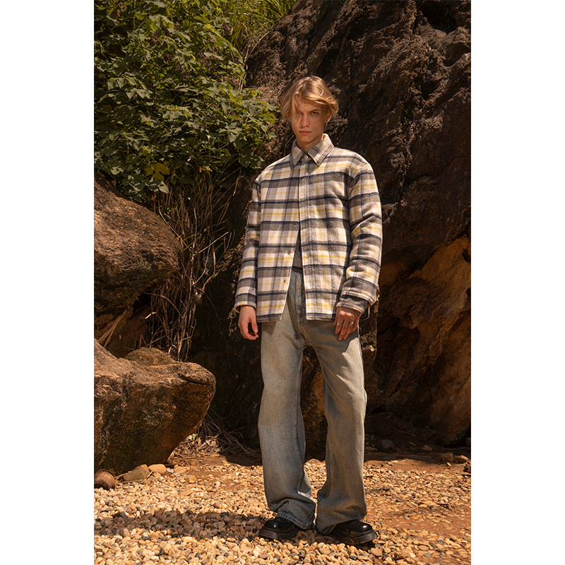 ROOLRREN 23FW 重磅纯羊毛色织格子羊皮领衬衫棉衣外套 - 图1