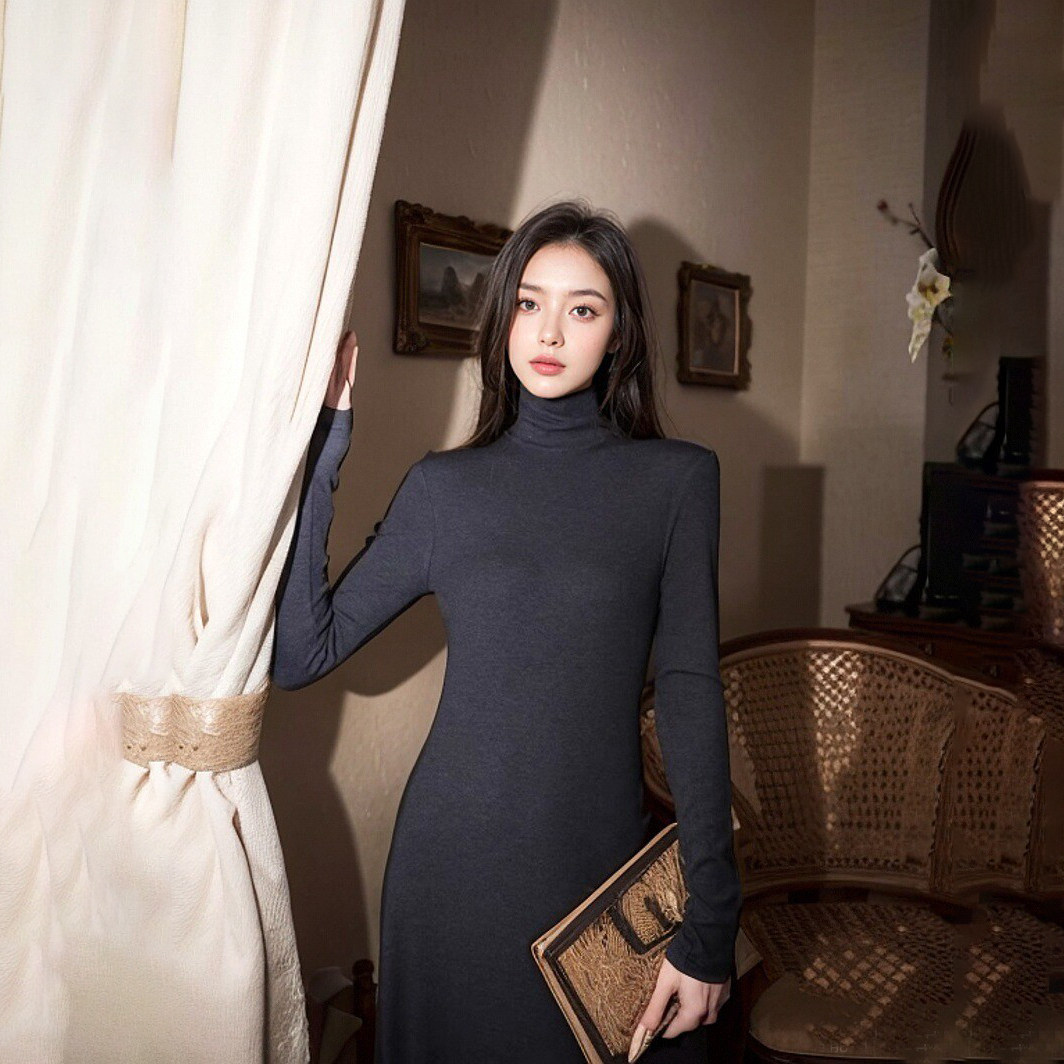 赵三灰色高领弹力修身打底连衣裙女冬2023新款内搭气质长裙子现货