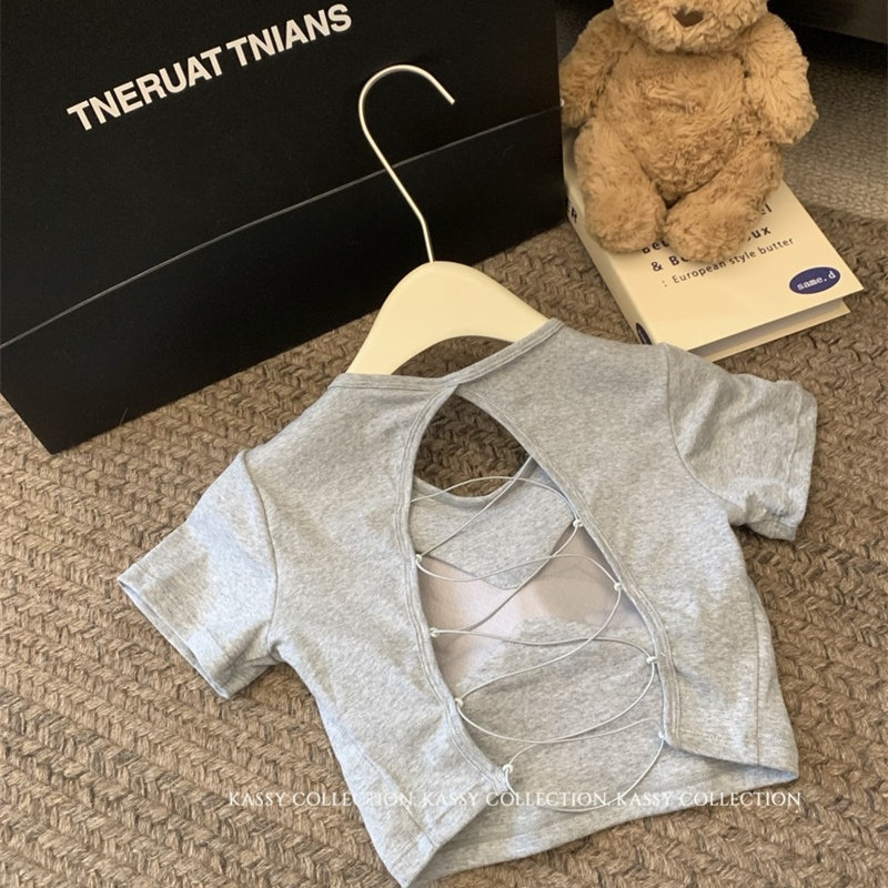 圆领正肩露背镂空绑带显瘦短袖t恤女夏季超好看设计辣妹短款上衣,淘宝优惠券,粉丝福利购,淘宝优惠卷