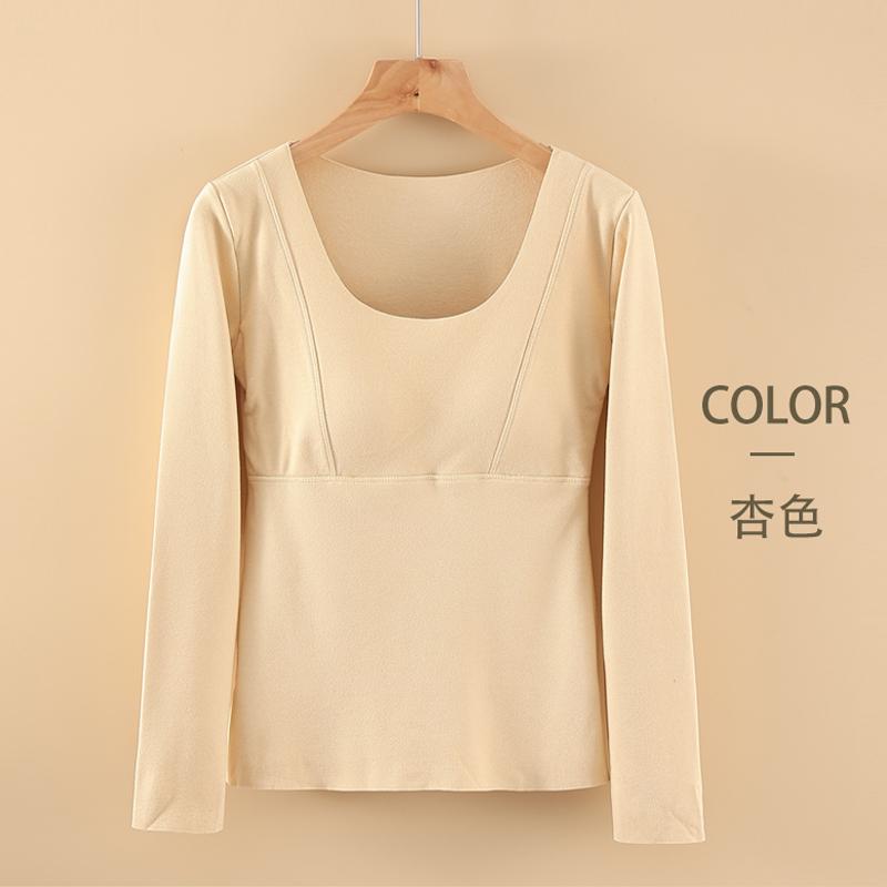 保暖内衣女加绒加厚带胸垫长袖德绒自发热圆领打底衫上衣防寒冬季 - 图3