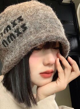 含羊毛灰色堆堆帽女秋冬季日系百搭显脸小冷帽大头围保暖包头帽子