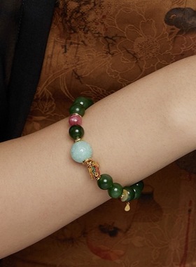 中国风天然碧玉手链冰底菠菜绿翡翠银饰多宝圆珠玉石手串一件代发