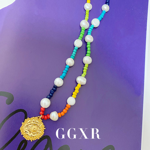 GGXR 天然珍珠多巴胺穿搭彩珠金币链糖果色吊坠个性小众锁骨链 - 图2