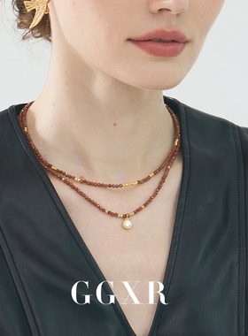 GGXR 中国红 925银金沙石车花珠项链毛衣链颈链女百搭小众