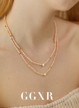 GGXR天然粉色小米粒珍珠爱心项链复古甜美气质叠戴锁骨链
