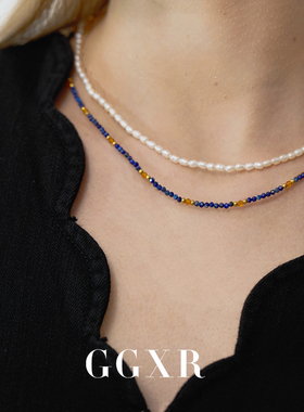 GGXR 天然青金石手工串珠925银镀金海螺气质叠戴项链高级设计