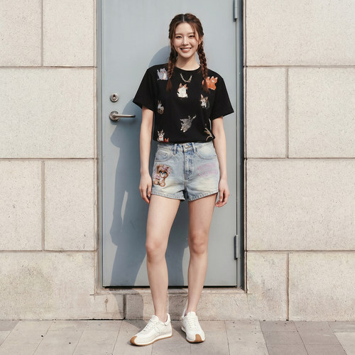 TCH2026夏季潮牌时尚烫钻卡通休闲宽松圆领黑色短袖T恤男女同款 - 图0