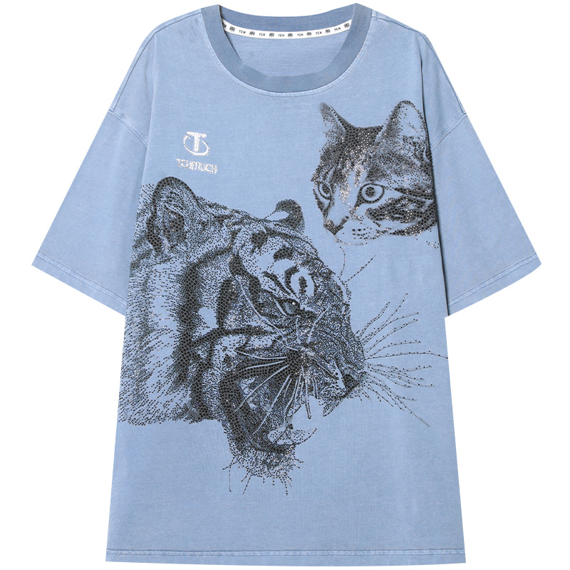 TCH/轻奢潮牌短袖T恤烫钻猫咪与虎春夏蓝色水洗T69A108046 - 图3
