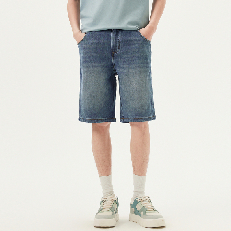 gxg.jeans男装 蓝色水洗裤腰抽绳宽松直筒休闲牛仔短裤 25夏新款