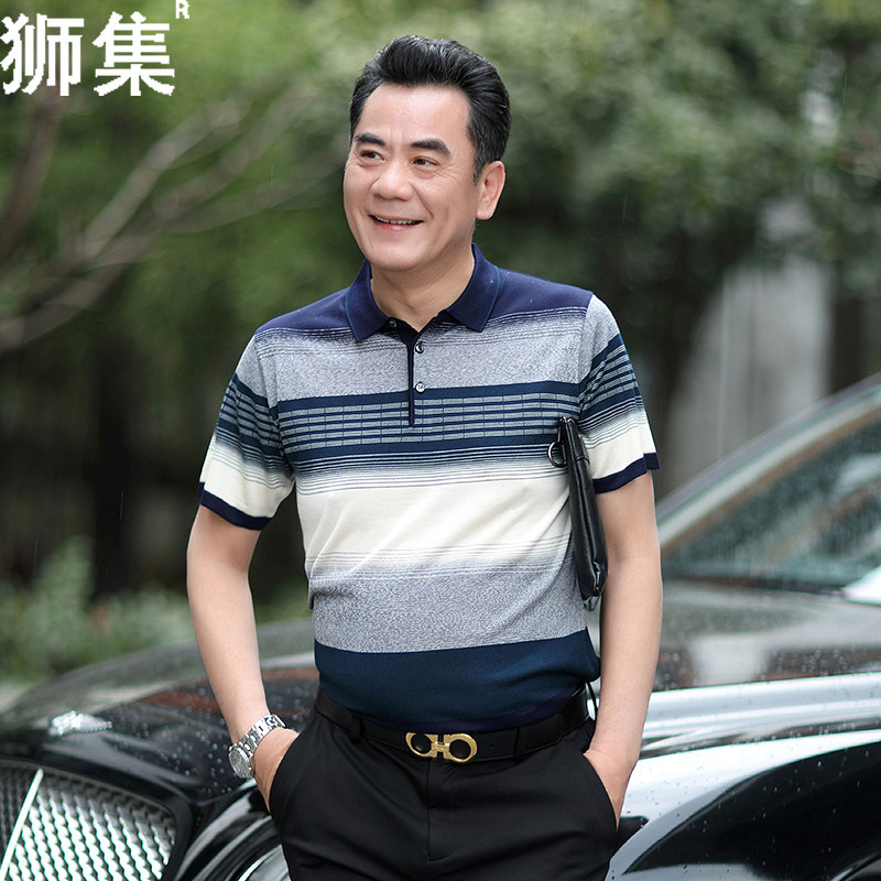 爸爸冰丝中老年男短袖薄款polo衫 狮集T恤