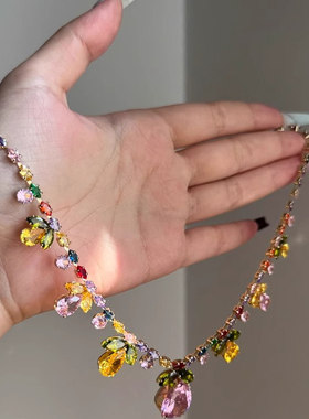 多巴胺满钻花朵浮夸彩宝项链女
