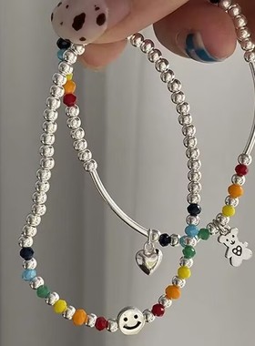 彩虹笑脸小熊爱心手链女小众感手工串珠弹力绳情侣手饰品