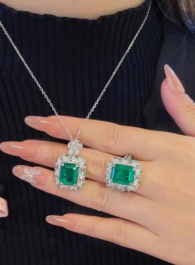 欧美复古绿钻吊坠开口戒指高级感