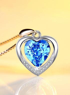 爱心形蓝色水晶吊坠永恒之心项链