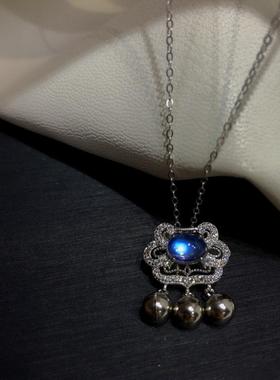 925银锁财锁平安小铃铛吊坠蓝